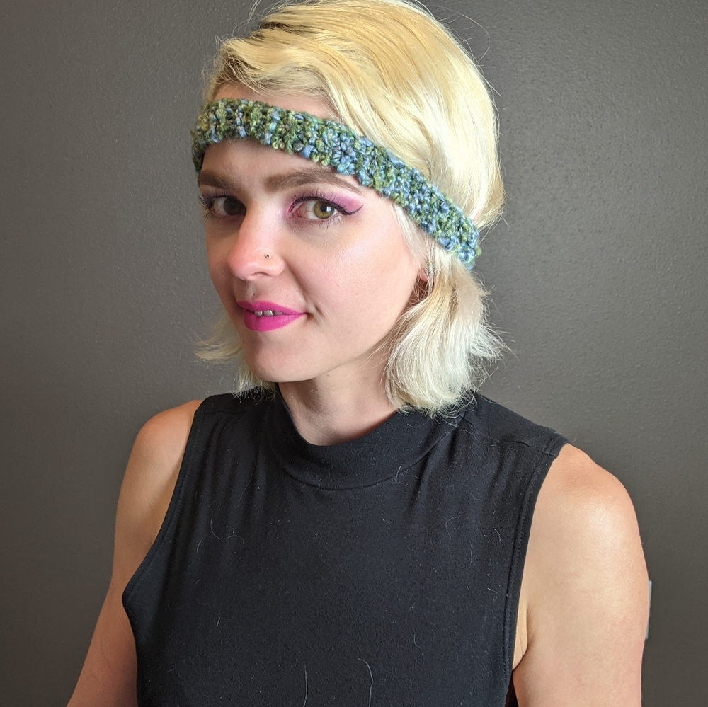 Blue / green fuzzy 1" knit headband